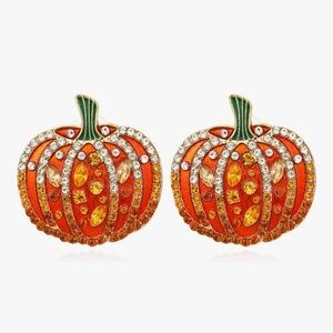 Pave Rhinestone Orange Pumpkin Earrings Autumn Harvest Thanksgiving Post Style